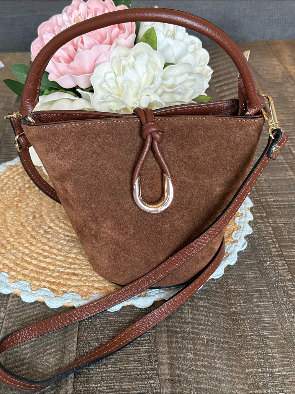 Brown Suede Bucket Bag with Top Handle and Crossbody Strap